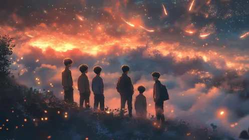 Silhouetted figures observing glowing sky above clouds.