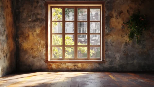 Sunlit rustic interior with multi-pane wood window framing courtyard