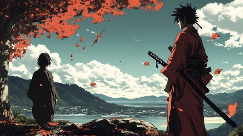 Samurai in ember leaves watching a quiet lakeside future.