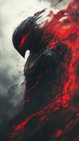 Digital painting of infernal wraith in eruptive red motion.