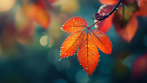 Backlit autumn leaf cluster with dew droplets and shallow focus