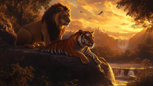 Apex Predators at Golden Hour: Lion and Tiger Against Luminous Landscape