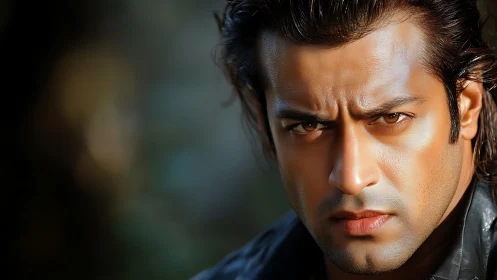 Intense cinematic close-up with directional specular lighting.