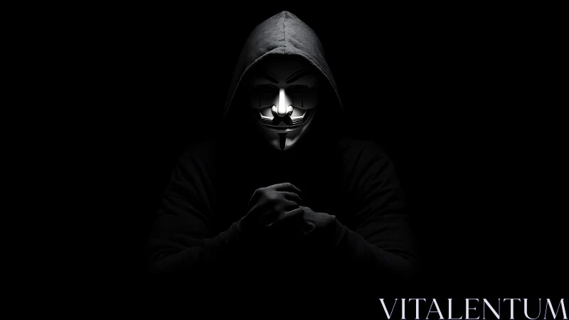 Hooded hacker in Guy Fawkes mask rendered with noir lighting
