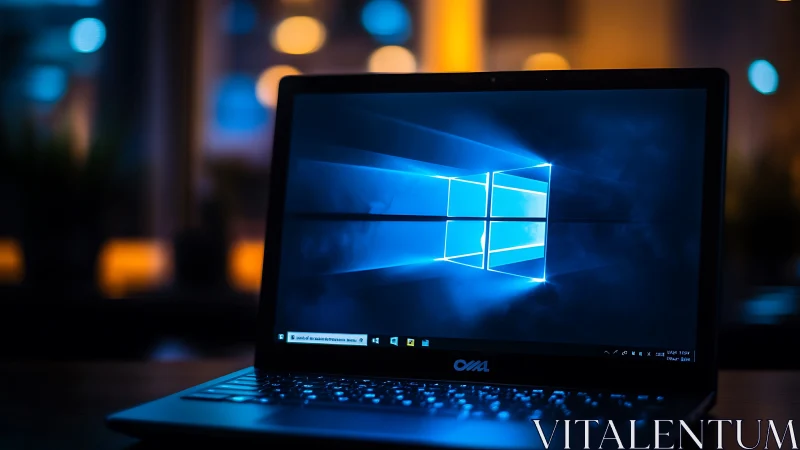 Laptop displaying Windows desktop in dim indoor environment.