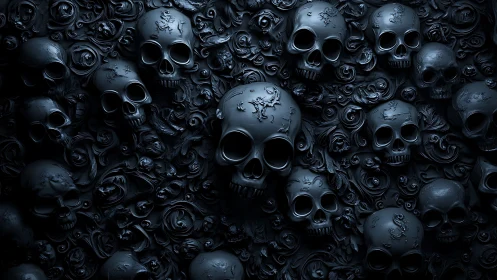 Dark skull relief wall with dense floral pattern texture.