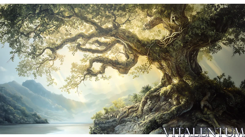 Ancient illuminated tree dominates misty mountain valley