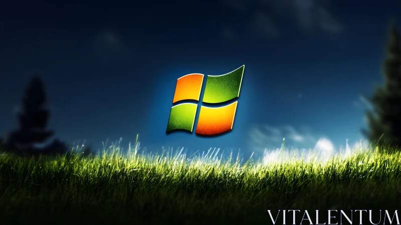 Windows logo floating above grassy field, digital art style. Windows logo floating above grassy field, digital art style.