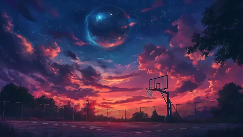 Twilight basketball court beneath a cosmic sky sphere glows