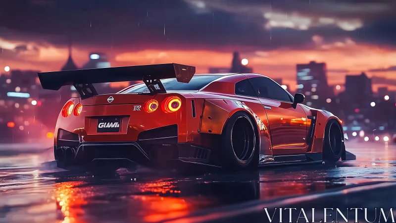 Widebody Nissan GT‑R on wet urban rooftop at neon dusk