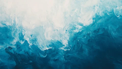 Abstract ocean waves in blue and white, fluid acrylic painting style.