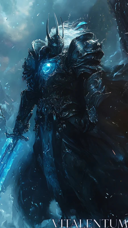 Armored ice warlord strides through a stormlit frozen realm
