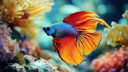 High-saturation betta fish with dynamic flowing fins in reef