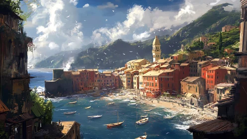 Sunlit harbor village resting between sea and bright hills.