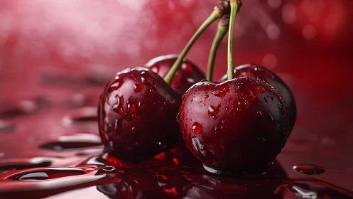 Rich red cherries glisten softly in a pool of crimson light