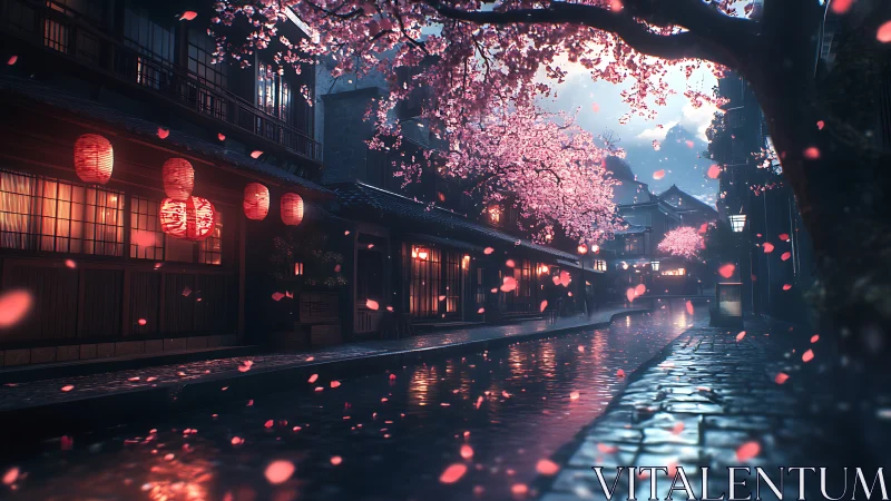 Lantern-lit sakura canal drifting through midnight hush.