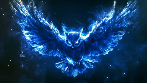 Luminous blue energy owl with outstretched wings in flight.