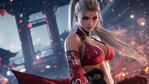 Silver haired warrior in red attire in night cityscape.