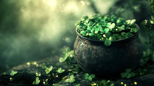 Emerald clover pot glowing in enchanted forest haze.
