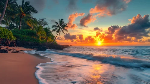 Vibrant tropical beach shoreline at colorful ocean sunset.