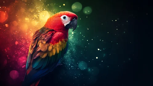 Vibrant Scarlet Macaw Portrait with Colorful Bokeh Background.