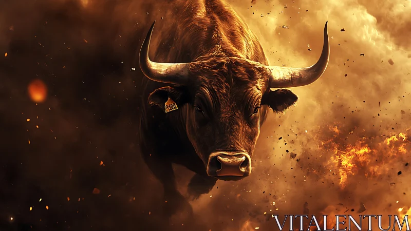 Charging bull erupts through smoky flames in dramatic motion.