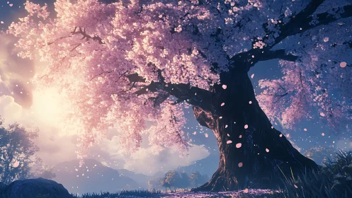 Majestic cherry blossom tree under glowing backlit sunset.