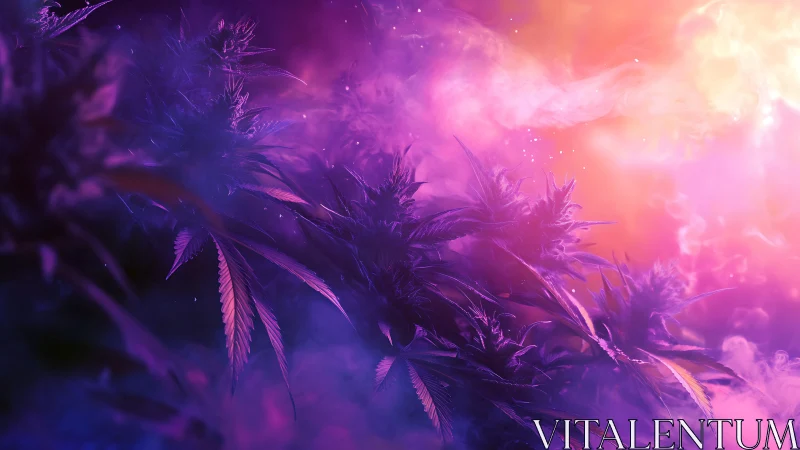 Vibrant cannabis foliage rendered in neon magenta volumetric haze