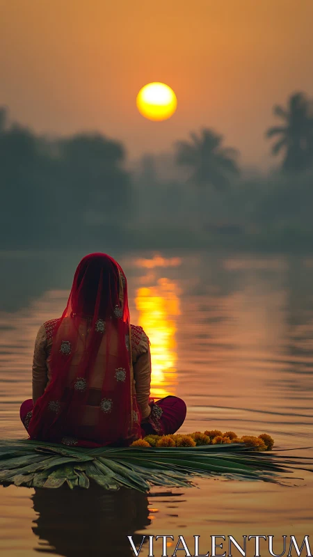Woman in red sari sits on river at sunset facing sun