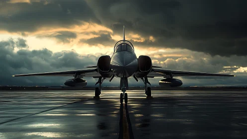 Military jet faces viewer on wet runway under storm clouds