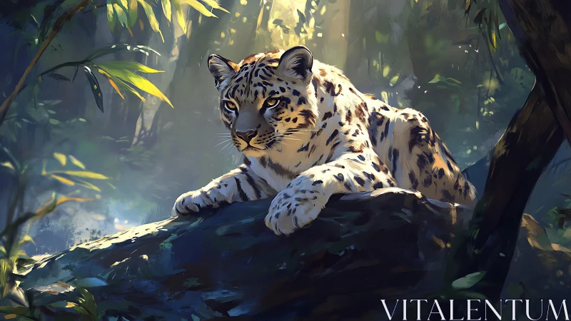 Snow Leopard's Golden Vigil: Dappled Forest Sanctuary.