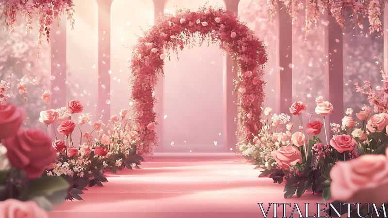 Blush-tinted floral archway bathing in dreamy petal light.