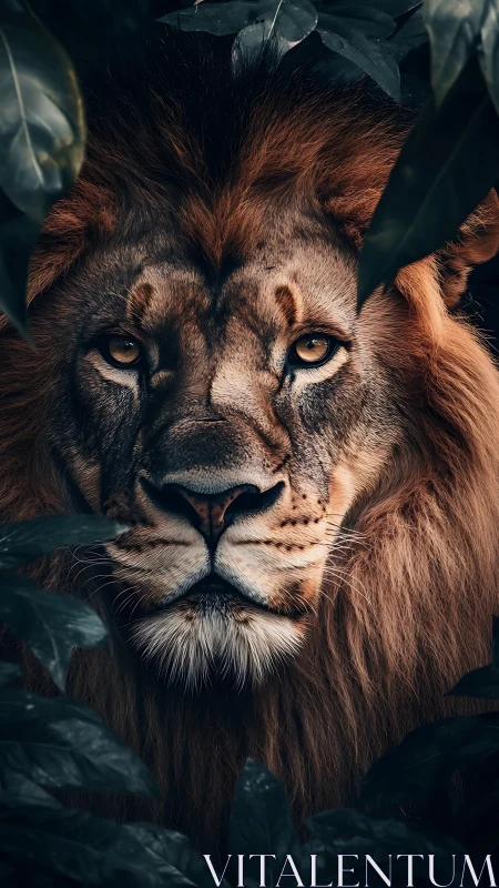 Lion portrait emerges from shadowed jungle foliage, eyes blazing