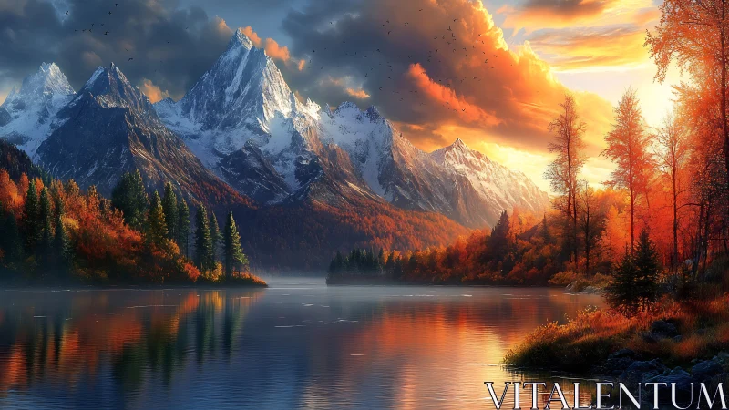 Autumn forest surrounds alpine lake below sharp snowy peaks