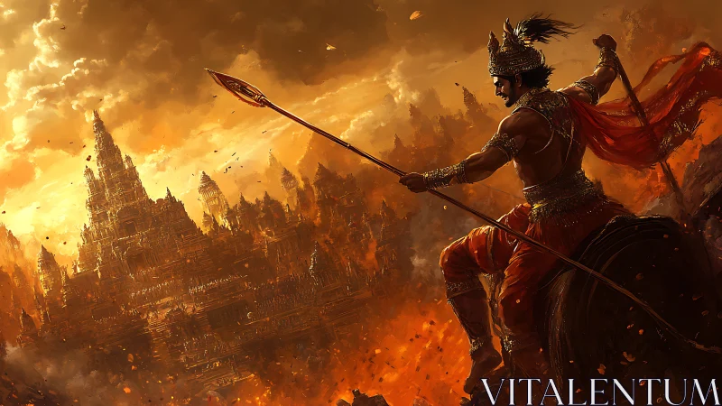 Warrior prince surveys burning mythic city in dusk fire