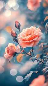 Peachy Roses Kissed by Dewdrops in Soft Blue Bokeh