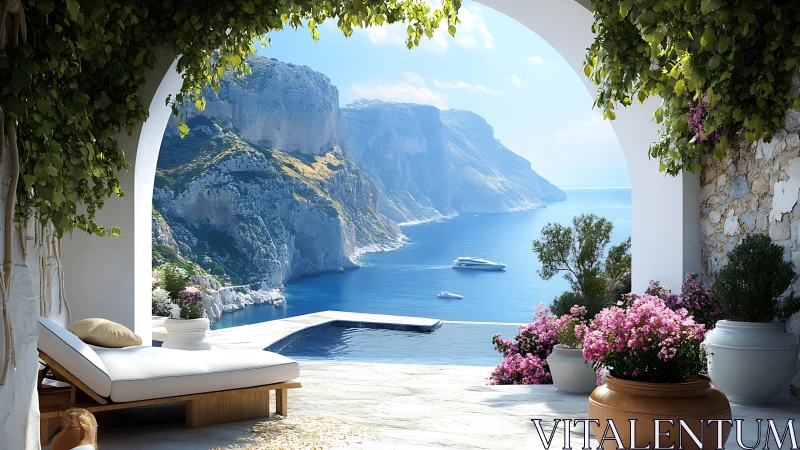 Mediterranean terrace overlooking cliffs and infinity pool.