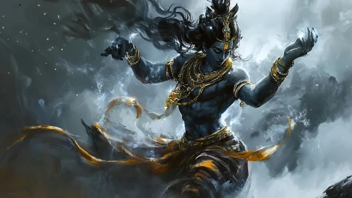 Mythic blue-skinned figure in dynamic swirling motion.