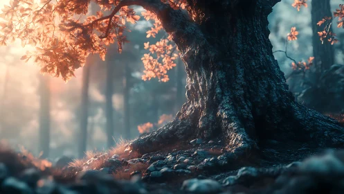 Ancient Tree in Golden Hour Light: Luminous Nature Study.