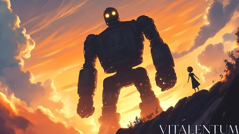 Sunset awakens a gentle giant to meet its tiny silhouette friend