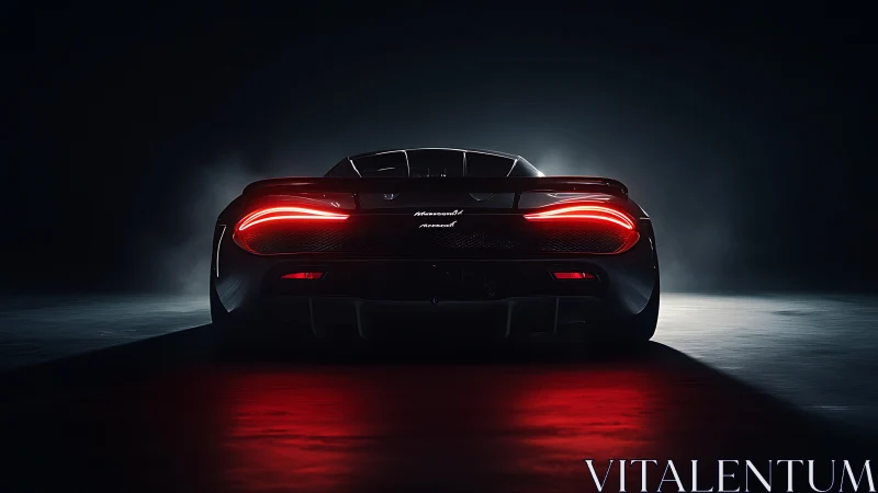 Rear view sports car shows illuminated taillights in darkness
