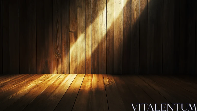 Sunlit wooden room interior with warm diagonal light beam.