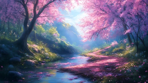 Gentle cherry blossom path curves beside a sparkling stream