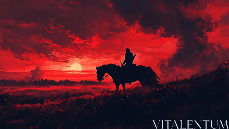 Lone rider on horseback against intense red sunset sky.