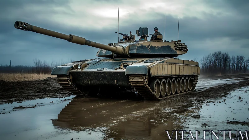 Main battle tank advancing through saturated mud terrain.