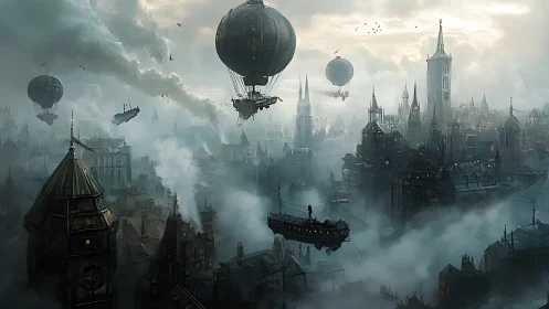 Moody steampunk airships drift above a fog-choked cityscape