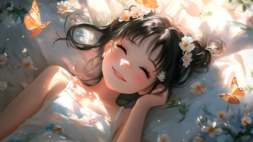 Smiling girl resting in flowers with glowing butterflies.
