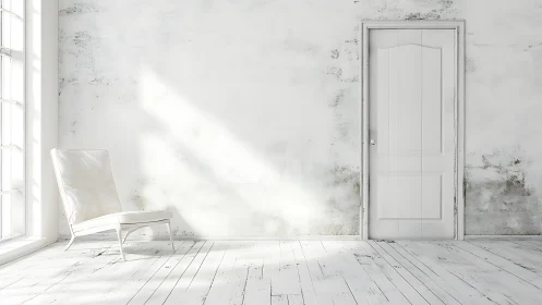 Minimalist white interior isolates chair and door in soft daylight