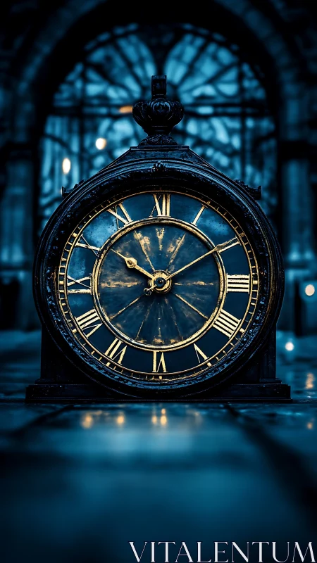 Midnight street clock glowing softly in quiet blue haze.