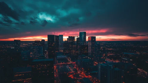 Neon-lit city skyline under teal storm clouds at dusk.